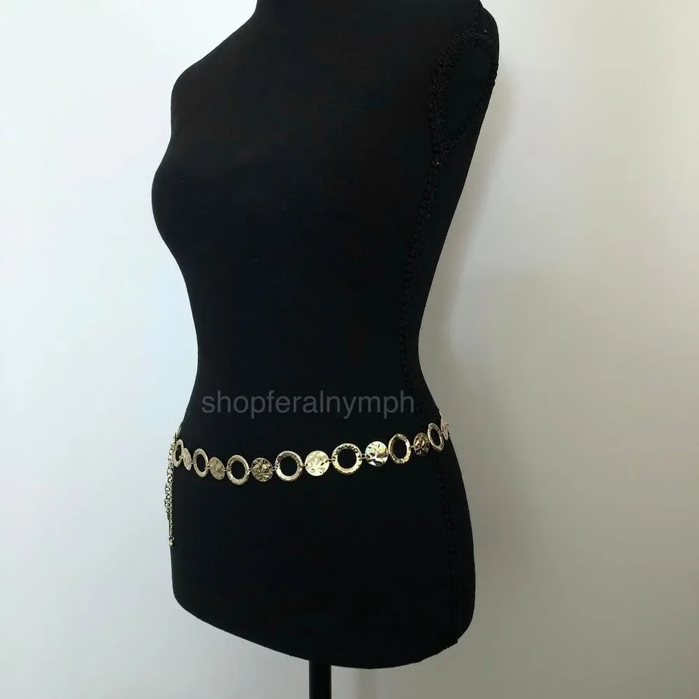 Y2K Boho Gold Hammered Coin Circle Chain Belt, Fits 20-44 Inches, X7GA1152